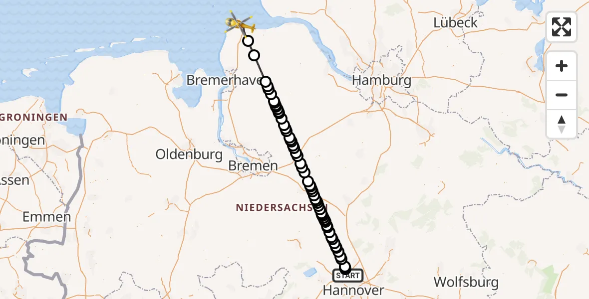 Flugroute Ambulanzhubschrauber Hannover Airport - Cuxhaven, 18 Februar 2026, 11:44