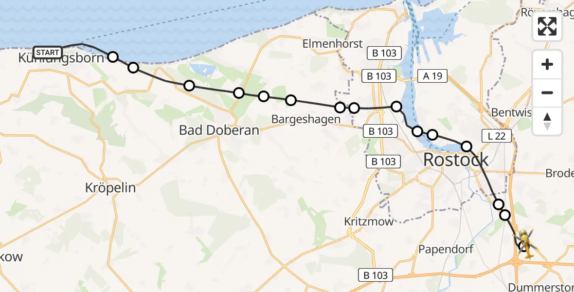 Flugroute Ambulanzhubschrauber Kühlungsborn - Hohen Schwarfs, 18 Februar 2026, 11:47