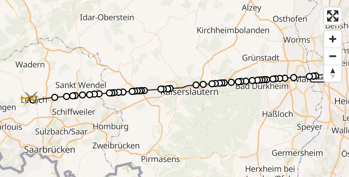 Flugroute Rettungshubschrauber Neckarstadt-Ost/Wohlgelegen - Lebach, 18 Februar 2026, 11:52