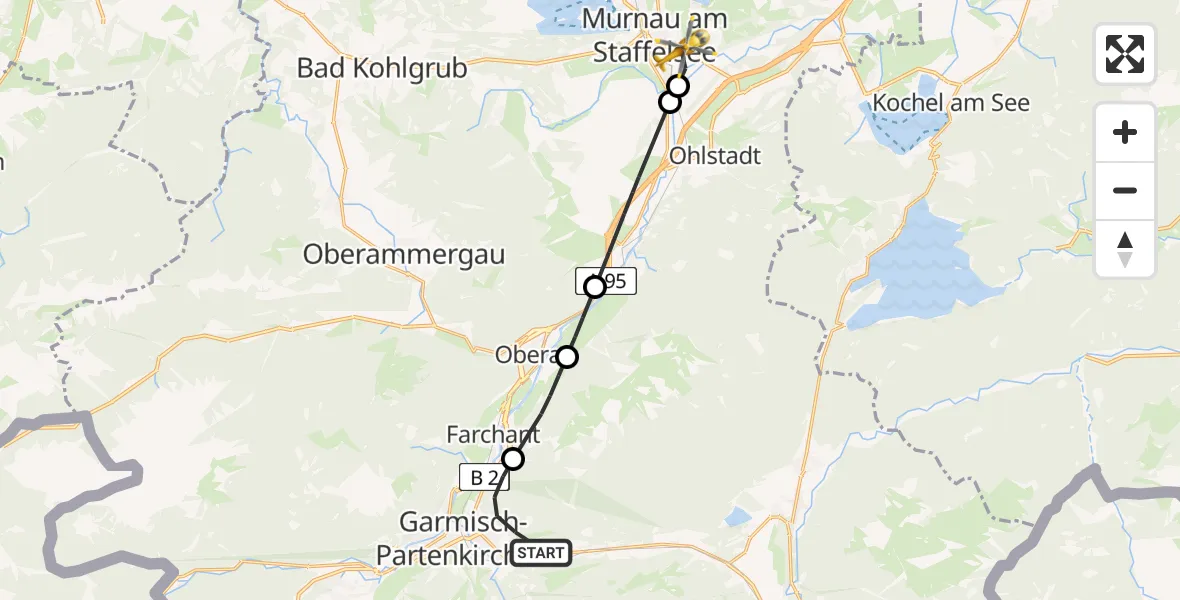 Flugroute Rettungshubschrauber Garmisch-Partenkirchen - Murnau Accident Hospital Heliport, 18 Februar 2026, 12:08