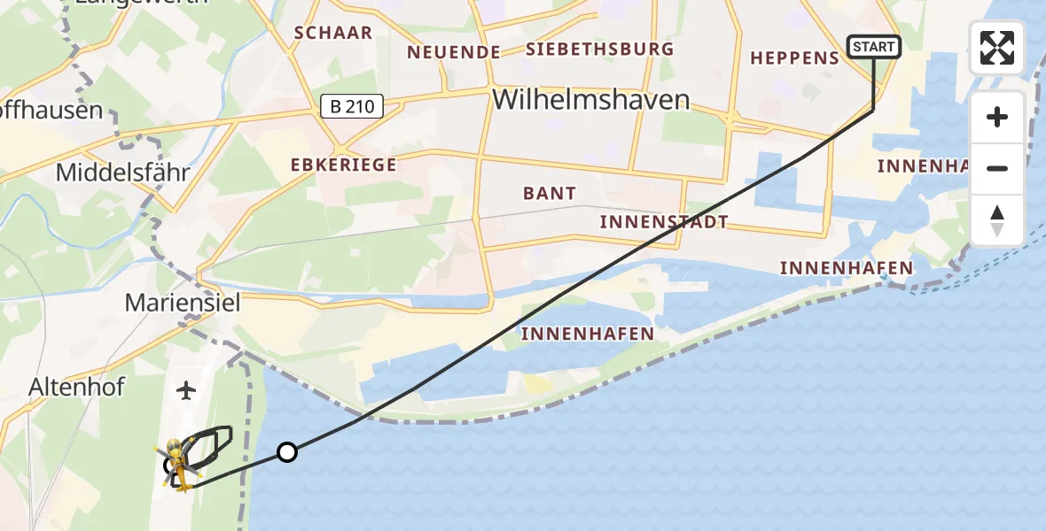 Flugroute Rettungshubschrauber Wilhelmshaven - JadeWeser Airport, 18 Februar 2026, 12:15