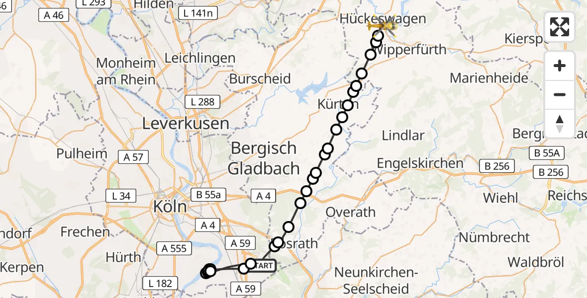 Flugroute Rettungshubschrauber Cologne Bonn Airport - Hückeswagen, 18 Februar 2026, 12:32
