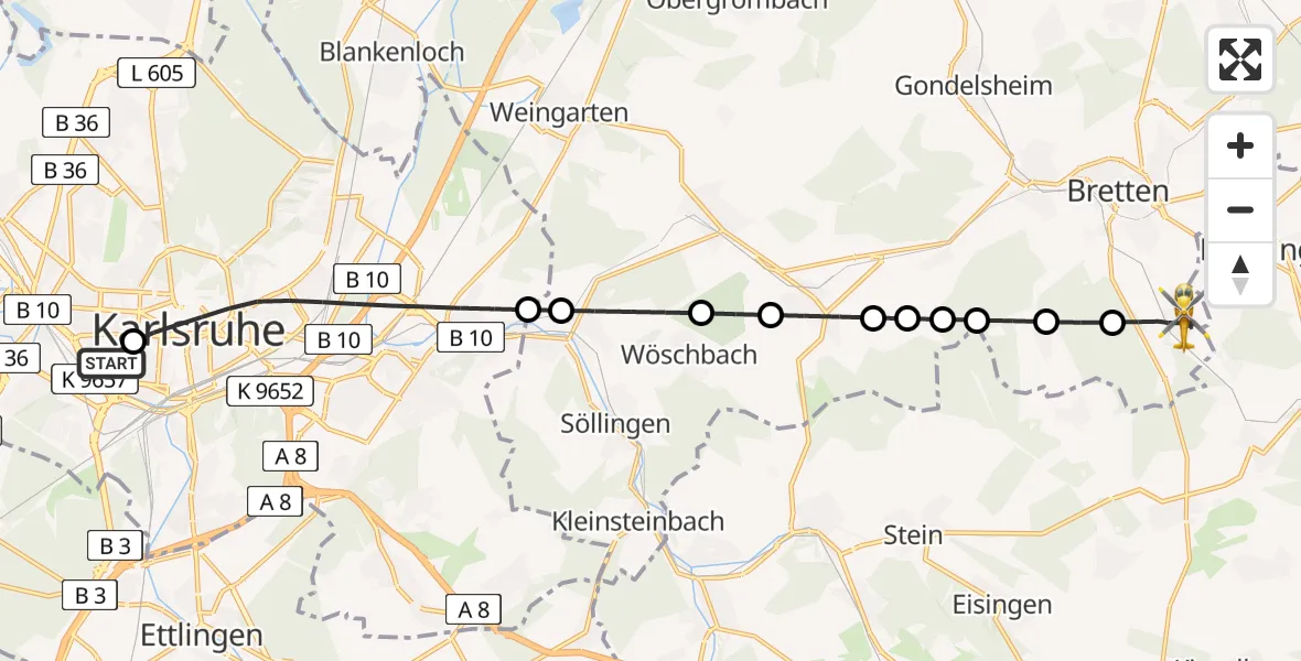 Flugroute Rettungshubschrauber Sankt Vincentius Hospital Heliport - Ruit, 18 Februar 2026, 12:58