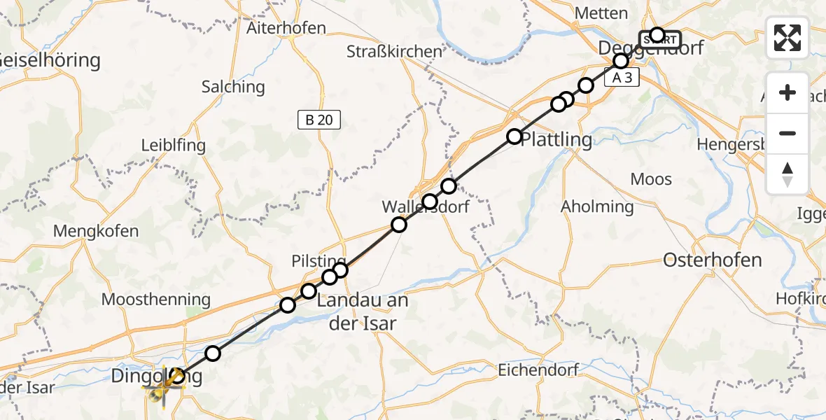 Flugroute Rettungshubschrauber Kleinfilling - Dingolfing, 18 Februar 2026, 12:59