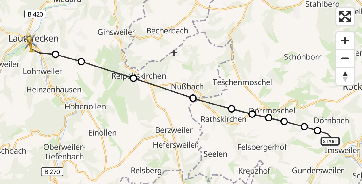 Flugroute Rettungshubschrauber Imsweiler UL - Lauterecken, 18 Februar 2026, 13:00