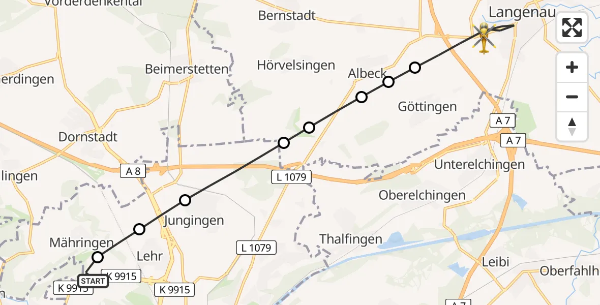 Flugroute Rettungshubschrauber ADAC Air Rescue Station Ulm (Christoph 22) - Langenau, 18 Februar 2026, 13:01