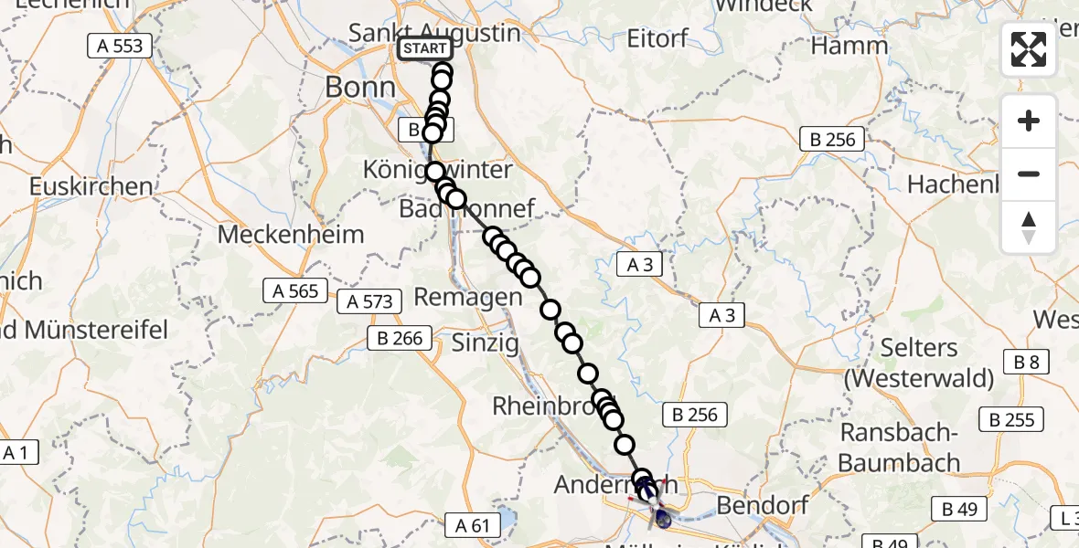 Flugroute Polizeihubschrauber Sankt Augustin - Weißenthurm, 18 Februar 2026, 13:05