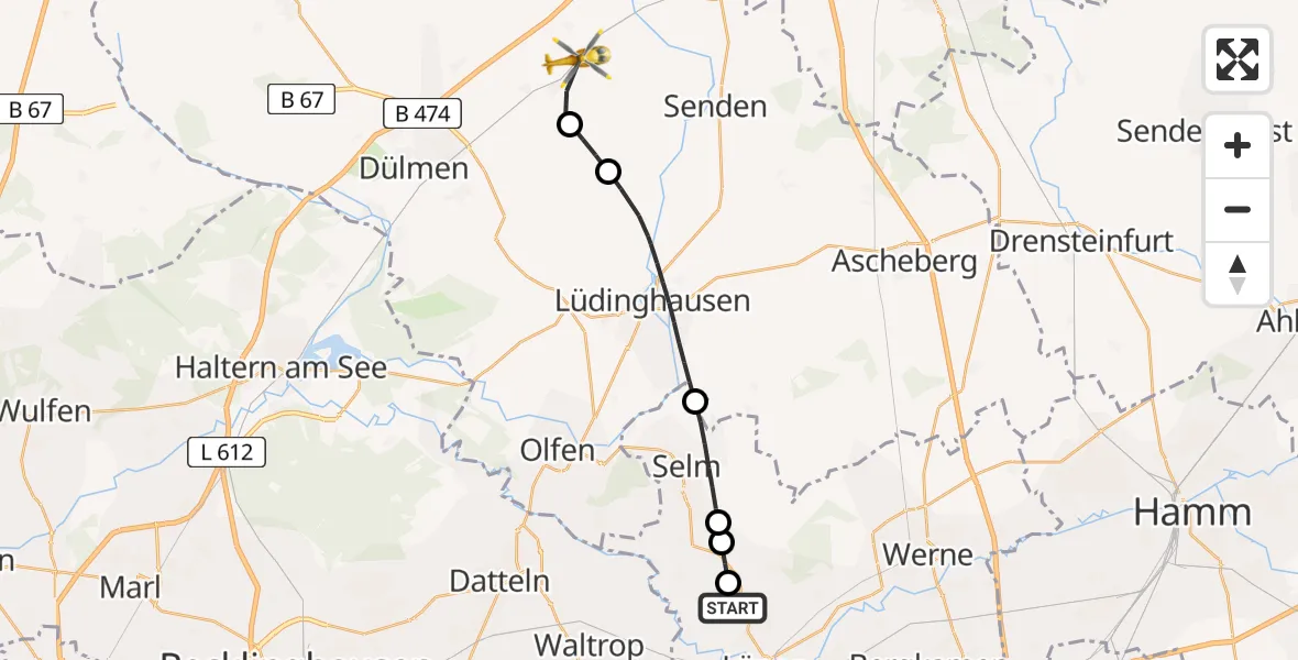 Flugroute Rettungshubschrauber Lünen - Buldern, 18 Februar 2026, 13:06