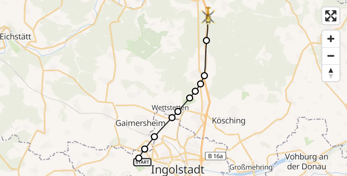 Flugroute Rettungshubschrauber Ingolstadt Hospital Heliport - Schönbrunn, 18 Februar 2026, 13:14