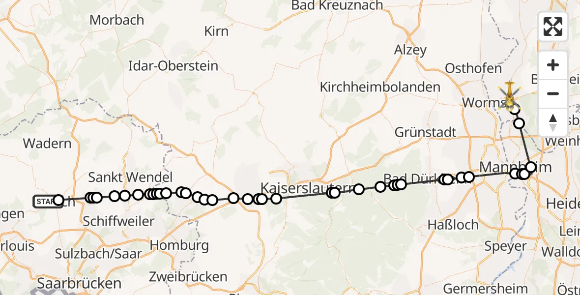 Flugroute Rettungshubschrauber Lebach - Bürstadt, 18 Februar 2026, 13:18