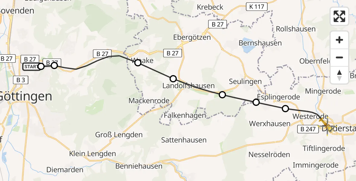 Flugroute Rettungshubschrauber Göttingen University Clinic Heliport - Duderstadt, 18 Februar 2026, 13:23