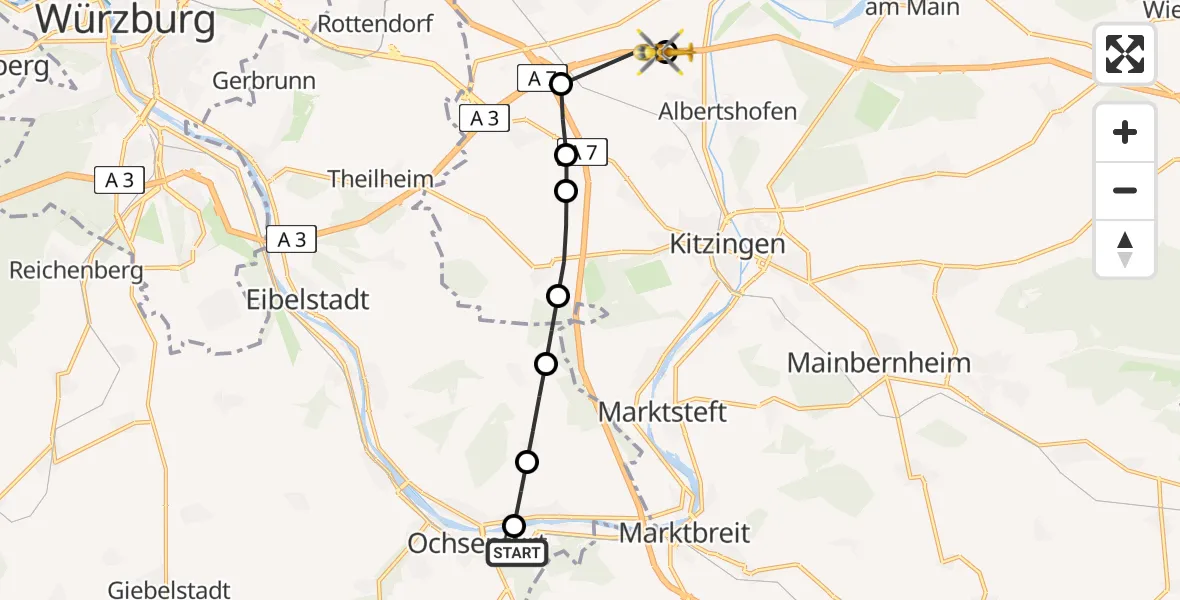 Routekaart van de vlucht: Rettungshubschrauber nach Dettelbach, A 3