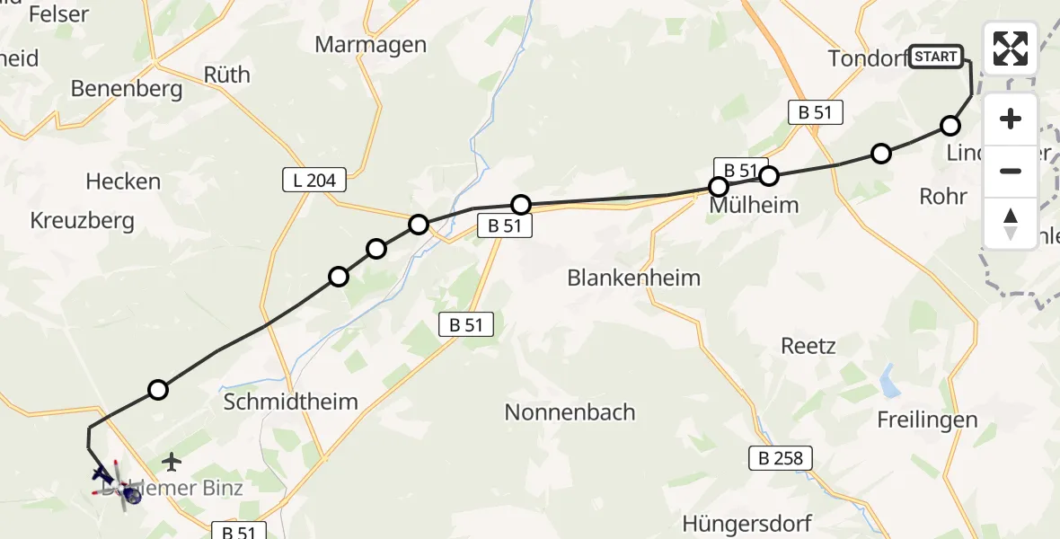 Flugroute Polizeihubschrauber Tondorf - Dahlem, 18 Februar 2026, 13:25