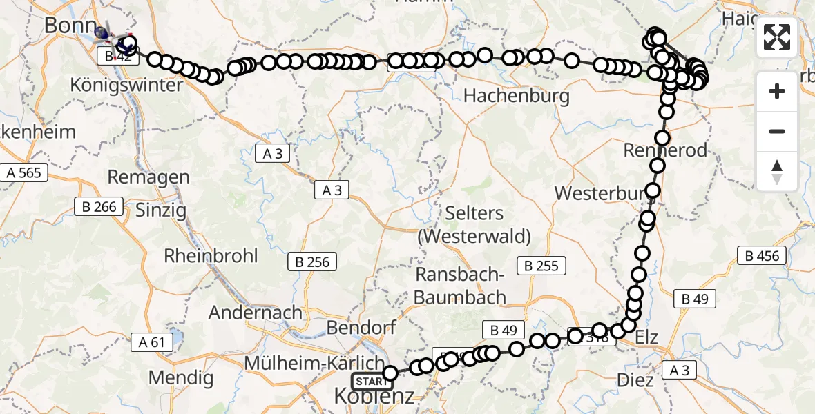 Flugroute Polizeihubschrauber Koblenz - Bonn, 18 Februar 2026, 13:29