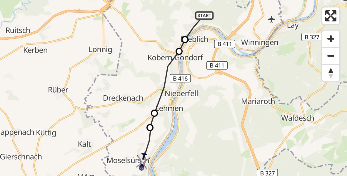 Flugroute Polizeihubschrauber Kobern-Gondorf - Moselsürsch, 18 Februar 2026, 13:32