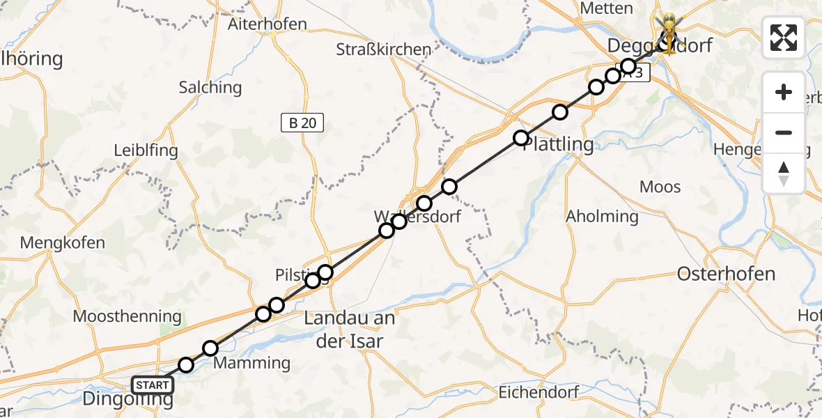 Flugroute Rettungshubschrauber Dingolfing - Kleinfilling, 18 Februar 2026, 13:39