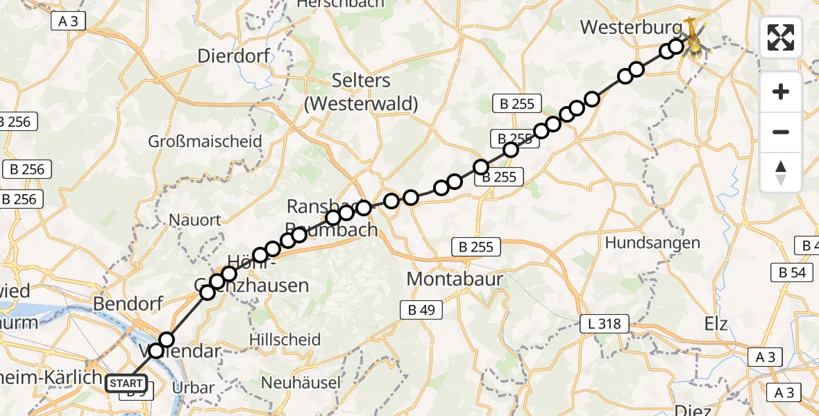 Flugroute Rettungshubschrauber Koblenz - Gemünden, 18 Februar 2026, 13:41