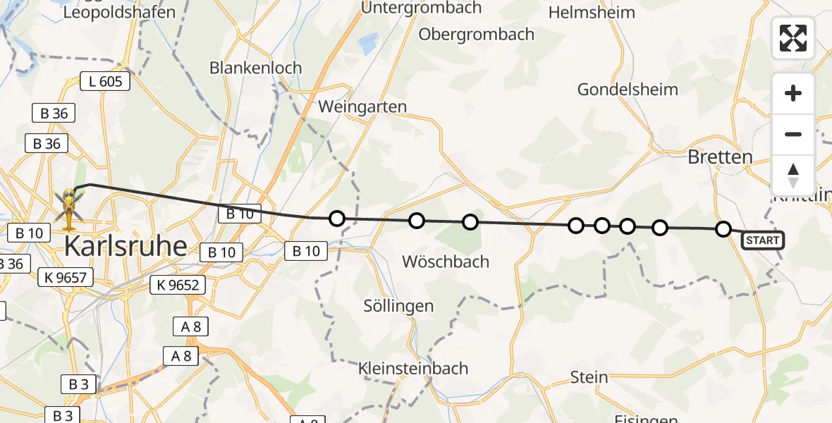 Flugroute Rettungshubschrauber Ruit - Karlsruhe, 18 Februar 2026, 13:42