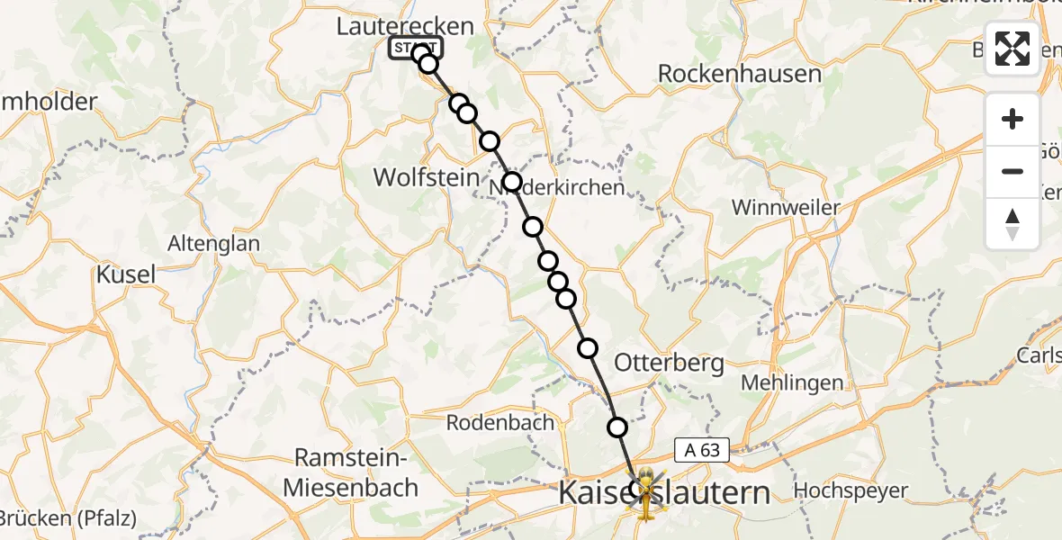 Flugroute Rettungshubschrauber Lauterecken - Westpfalz Hospital Kaiserslautern Heliport, 18 Februar 2026, 13:44