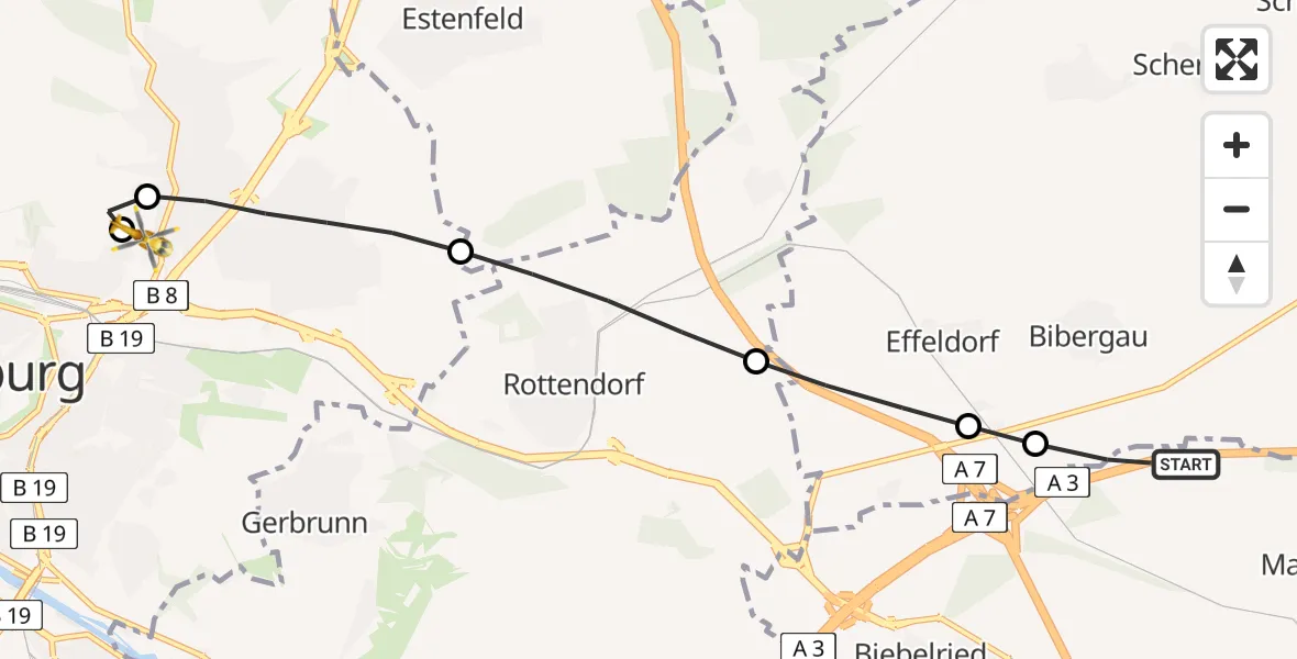 Routekaart van de vlucht: Rettungshubschrauber nach Würzburg University Hospital Rooftop Heliport