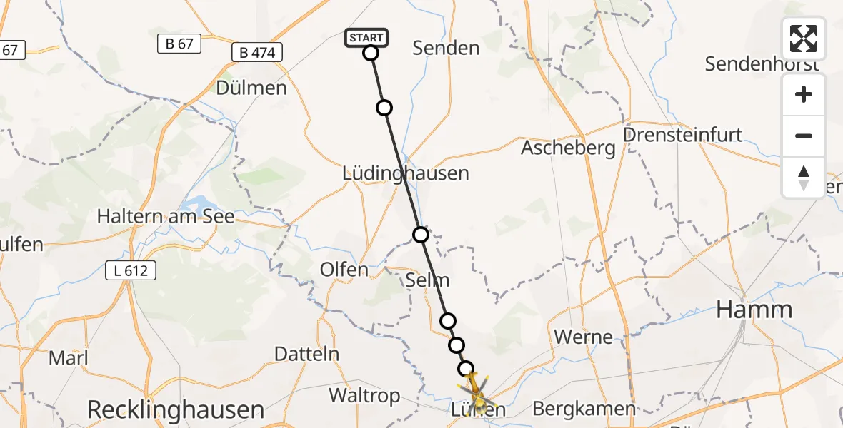 Flugroute Rettungshubschrauber Buldern - Lünen, 18 Februar 2026, 13:48