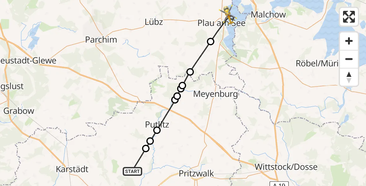 Routekaart van de vlucht: Rettungshubschrauber nach Plau am See, Kantor-Ehrich-Straße