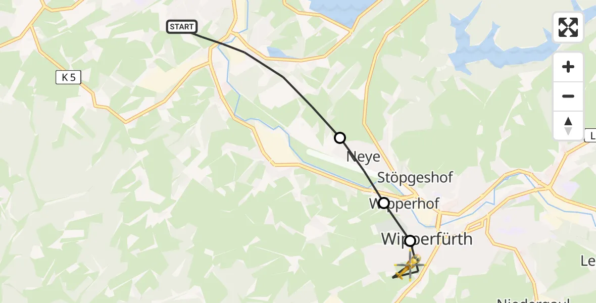 Flugroute Rettungshubschrauber Hückeswagen - Helios Clinic Wipperfürth Heliport, 18 Februar 2026, 13:59