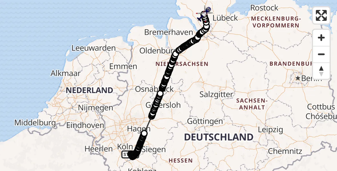 Flugroute Polizeihubschrauber Bonn-Hangelar Airfield - Bad Bramstedt Heliport, 18 Februar 2026, 14:05