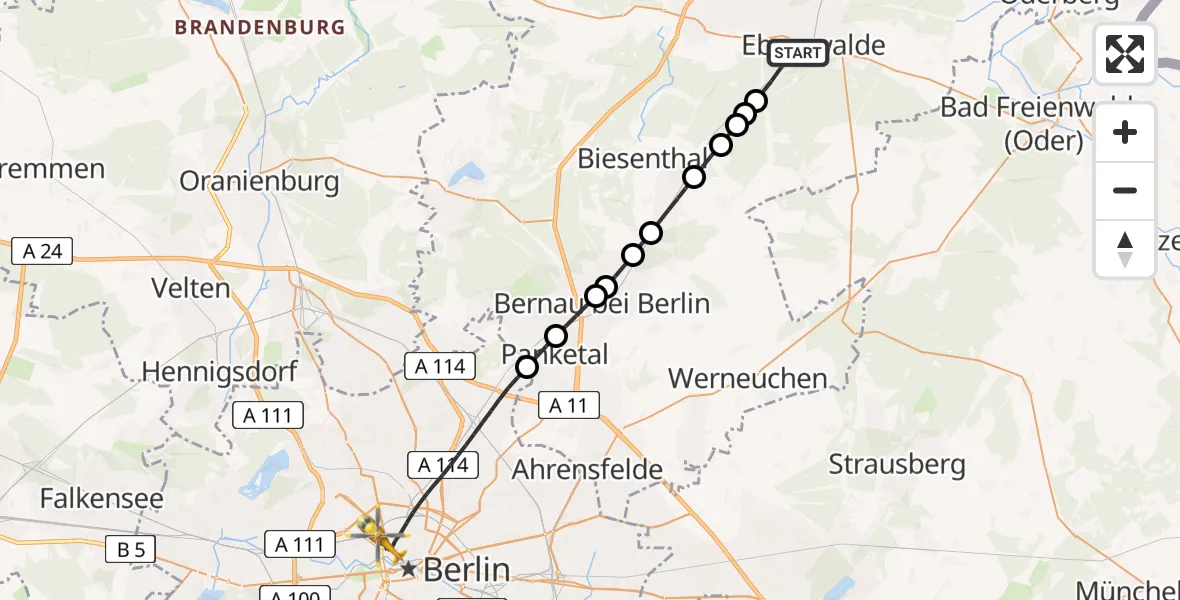 Flugroute Ambulanzhubschrauber Eberswalde - Berlin, 18 Februar 2026, 14:08