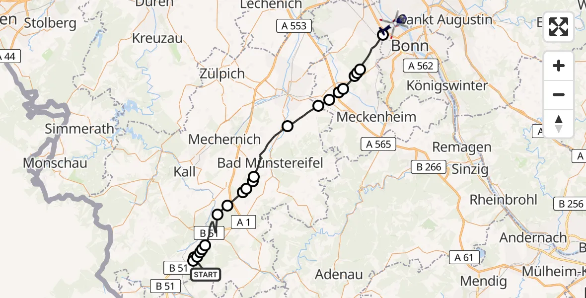 Flugroute Polizeihubschrauber Waldorf - Stadtbezirk Bonn, 18 Februar 2026, 14:10