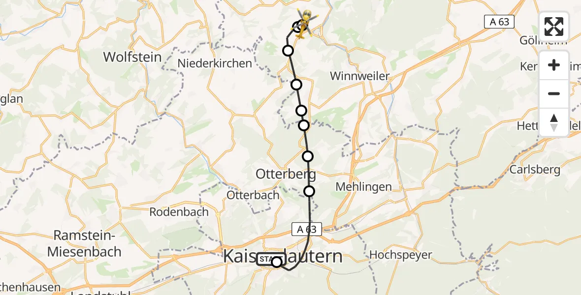 Flugroute Rettungshubschrauber Westpfalz Hospital Kaiserslautern Heliport - Imsweiler UL, 18 Februar 2026, 14:16