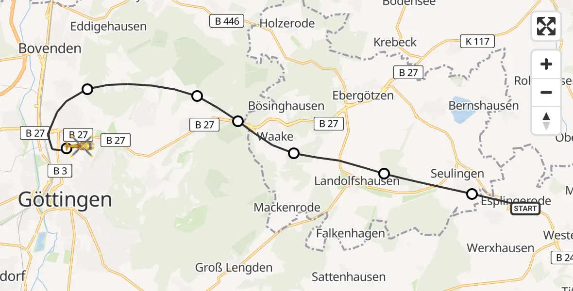 Flugroute Rettungshubschrauber Duderstadt - Göttingen University Clinic Heliport, 18 Februar 2026, 14:19