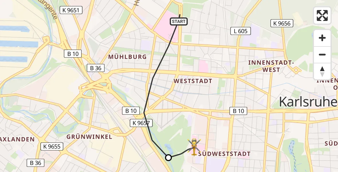 Flugroute Rettungshubschrauber Karlsruhe - Sankt Vincentius Hospital Heliport, 18 Februar 2026, 14:26