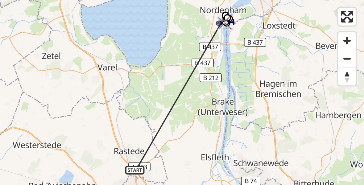 Flugroute Polizeihubschrauber Oldenburg Police Heliport - Nordenham, 18 Februar 2026, 14:29