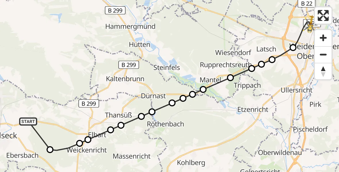 Flugroute Rettungshubschrauber Vilseck - Weiden in der Oberpfalz, 18 Februar 2026, 14:47