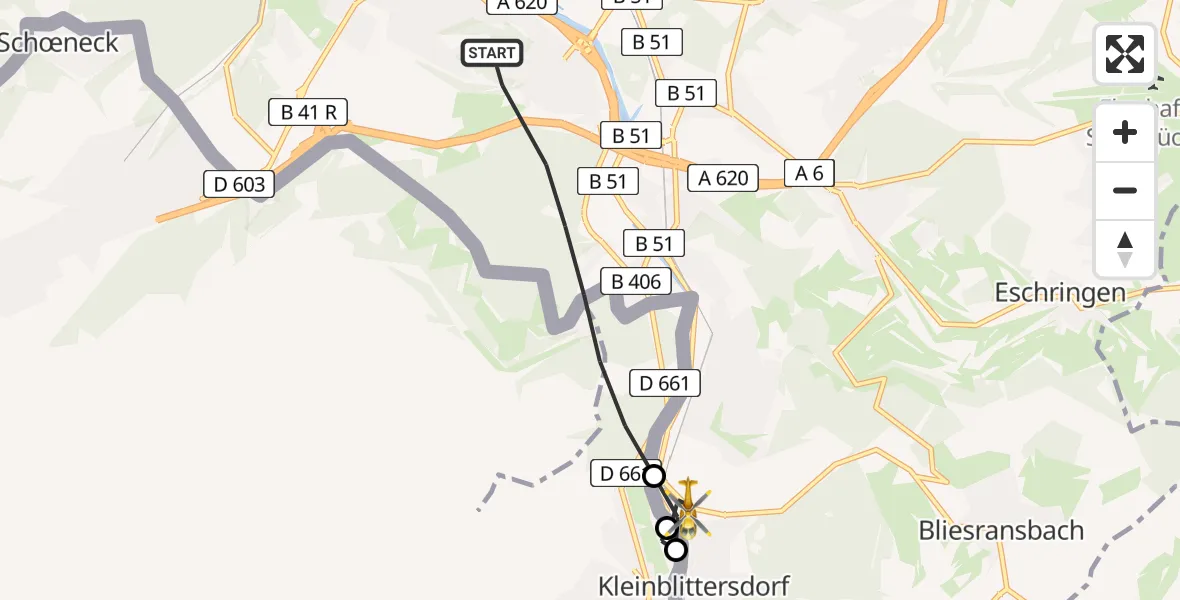 Flugroute Rettungshubschrauber Saarbrücken - Kleinblittersdorf, 18 Februar 2026, 14:55