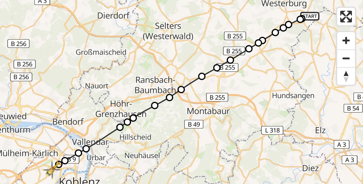 Flugroute Rettungshubschrauber Gemünden - Koblenz, 18 Februar 2026, 14:56