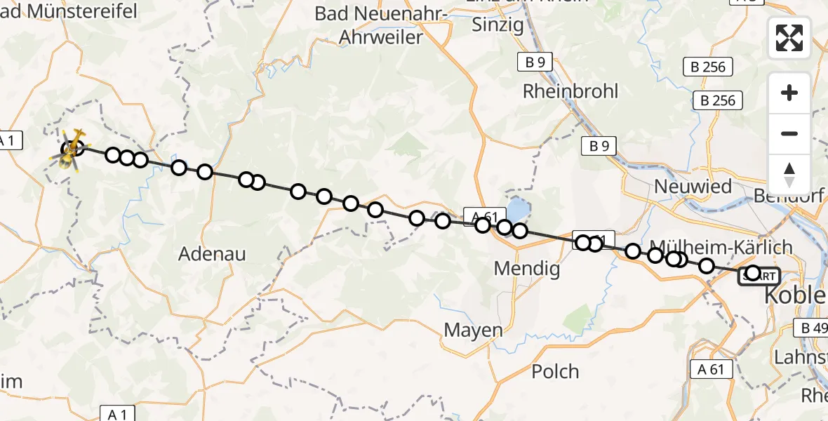 Flugroute Rettungshubschrauber Koblenz - Hümmel, 18 Februar 2026, 15:30
