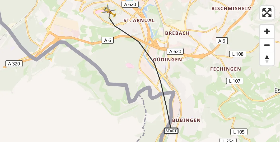 Flugroute Rettungshubschrauber Saarbrücken - Saarbrücken, 18 Februar 2026, 15:32
