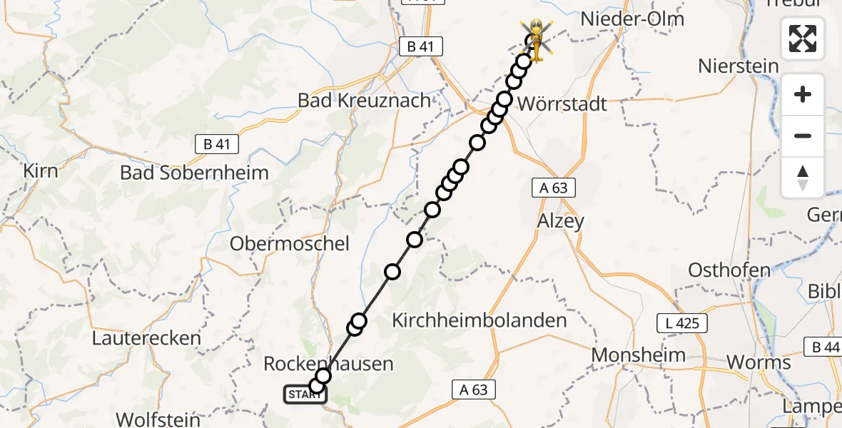 Flugroute Rettungshubschrauber Imsweiler UL - Jugenheim in Rheinhessen, 18 Februar 2026, 15:34