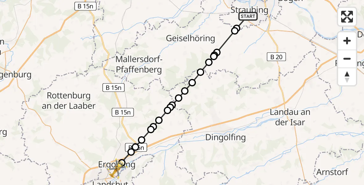 Flugroute Rettungshubschrauber Straubing - Ergolding, 18 Februar 2026, 15:42