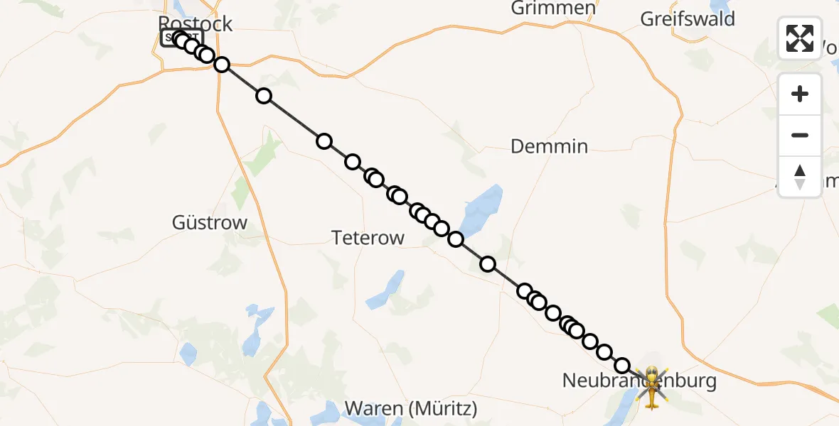 Flugroute Rettungshubschrauber Ortsbeirat 12 : Südstadt - Neubrandenburg, 18 Februar 2026, 16:06