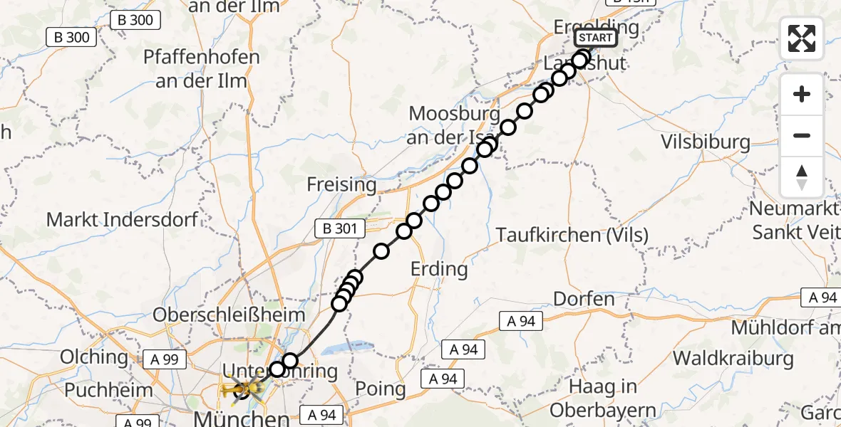 Flugroute Rettungshubschrauber Ergolding - München, 18 Februar 2026, 16:14