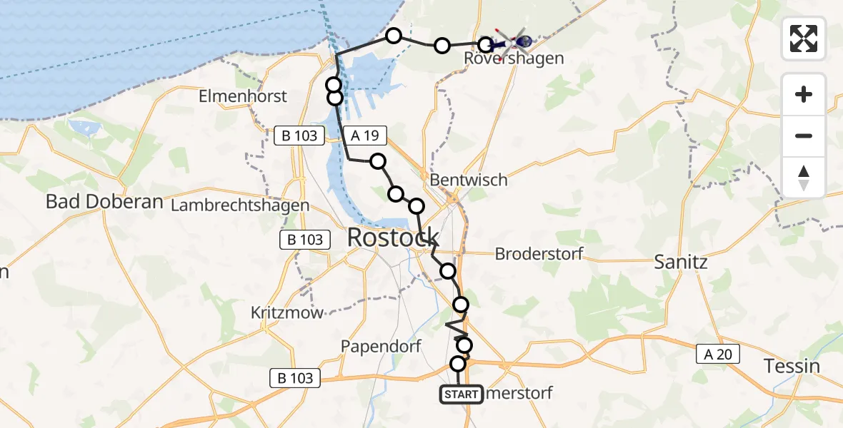 Flugroute Polizeihubschrauber Kavelstorf - Rövershagen, 18 Februar 2026, 16:14