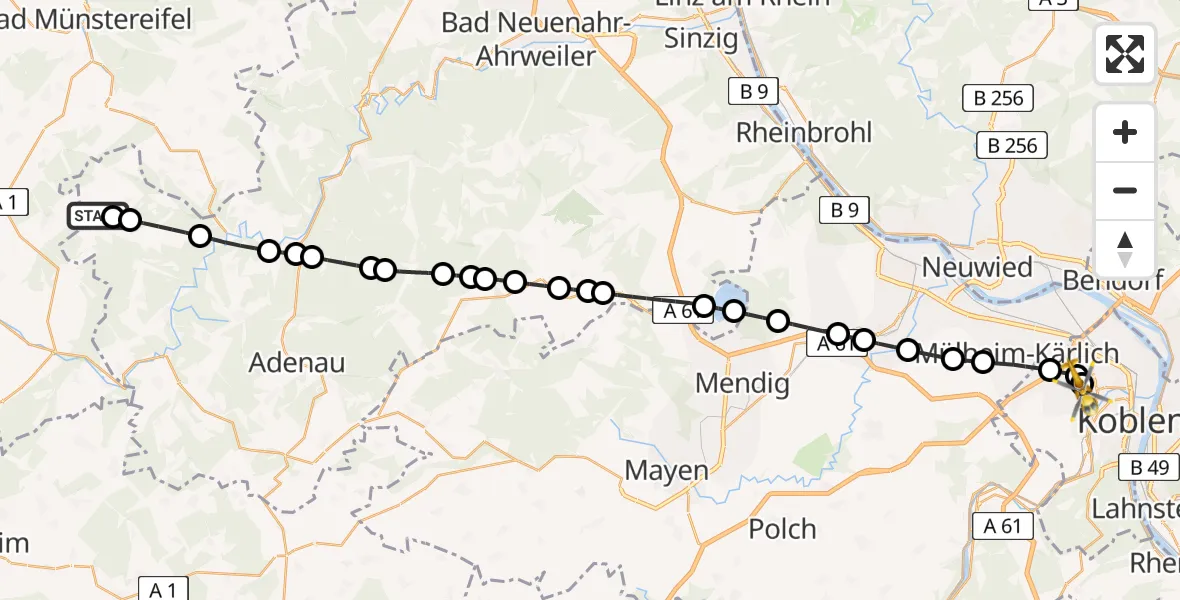 Flugroute Rettungshubschrauber Hümmel - Koblenz, 18 Februar 2026, 16:16