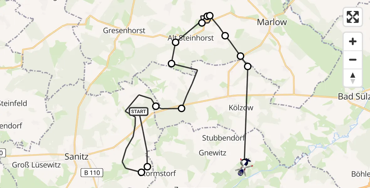 Routekaart van de vlucht: Polizeihubschrauber nach Stubbendorf