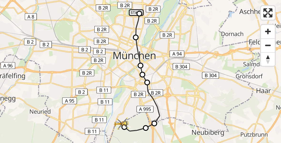 Flugroute Rettungshubschrauber München - ADAC Air Rescue Center Heliport (Christoph 1), 18 Februar 2026, 16:39