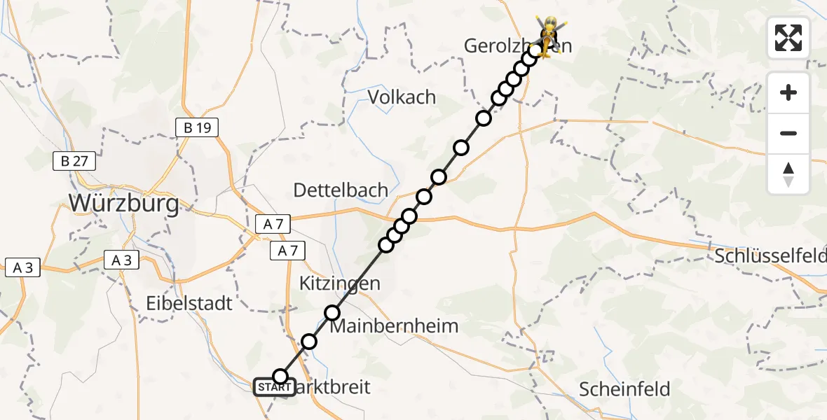 Flugroute Rettungshubschrauber Ochsenfurt - Dingolshausen, 18 Februar 2026, 16:44