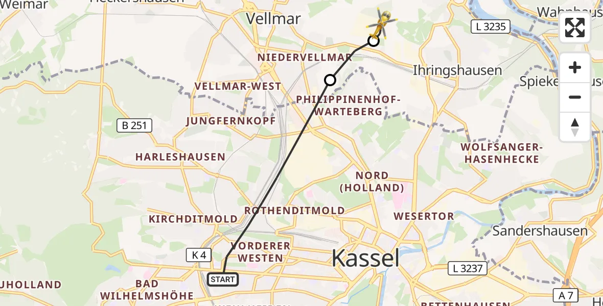 Flugroute Rettungshubschrauber Kassel - Fuldatal Federal Police Heliport, 18 Februar 2026, 16:45