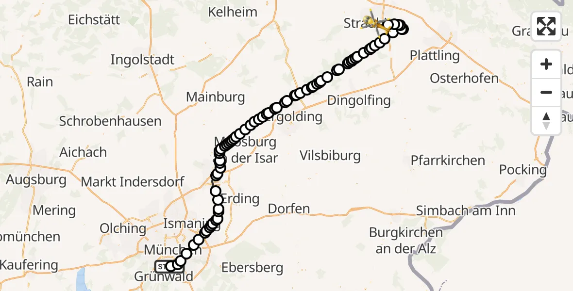 Flugroute Rettungshubschrauber ADAC Air Rescue Center Heliport (Christoph 1) - Straubing, 18 Februar 2026, 17:06